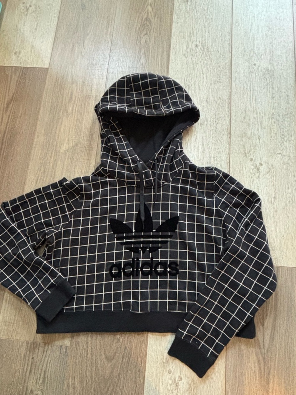 adidas Black Grid Cropped Hoodie with Trefoil Logo